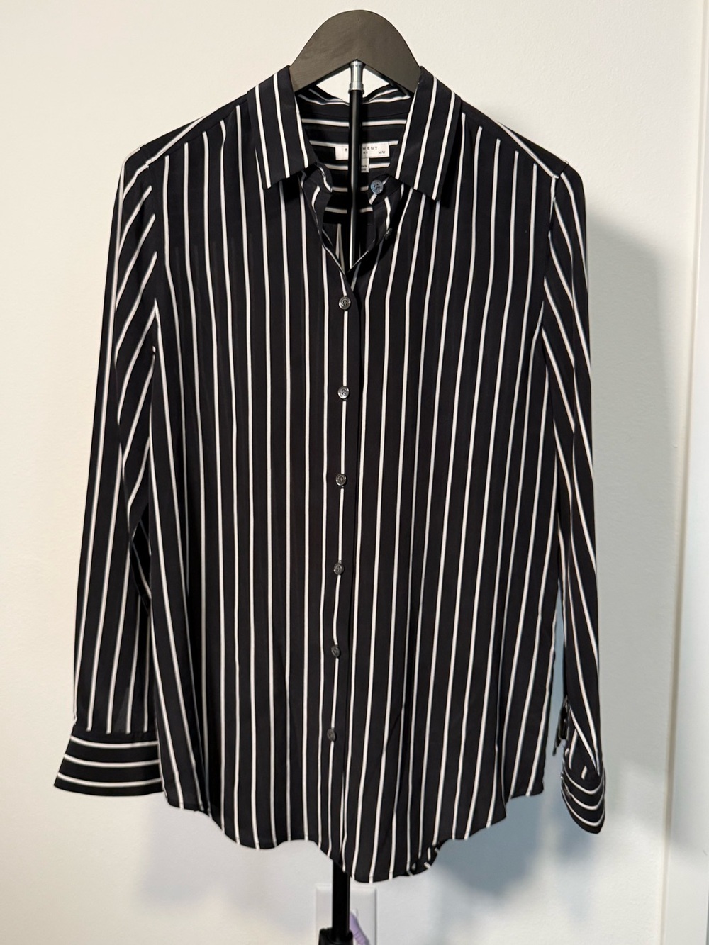 Equipment Black and White Vertical Stripe Button-Down Silk Shirt